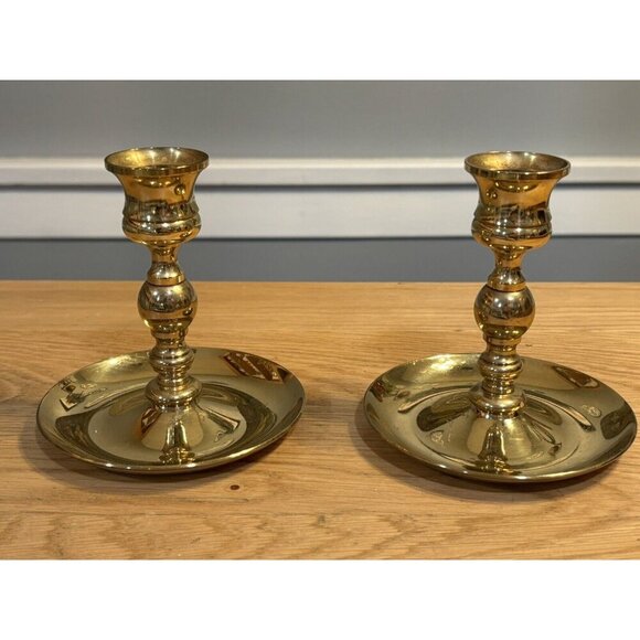 Baldwin Brass Set of 2 Candlestick Holders Heavy Round Base Gold Vintage 5" - Picture 1 of 9